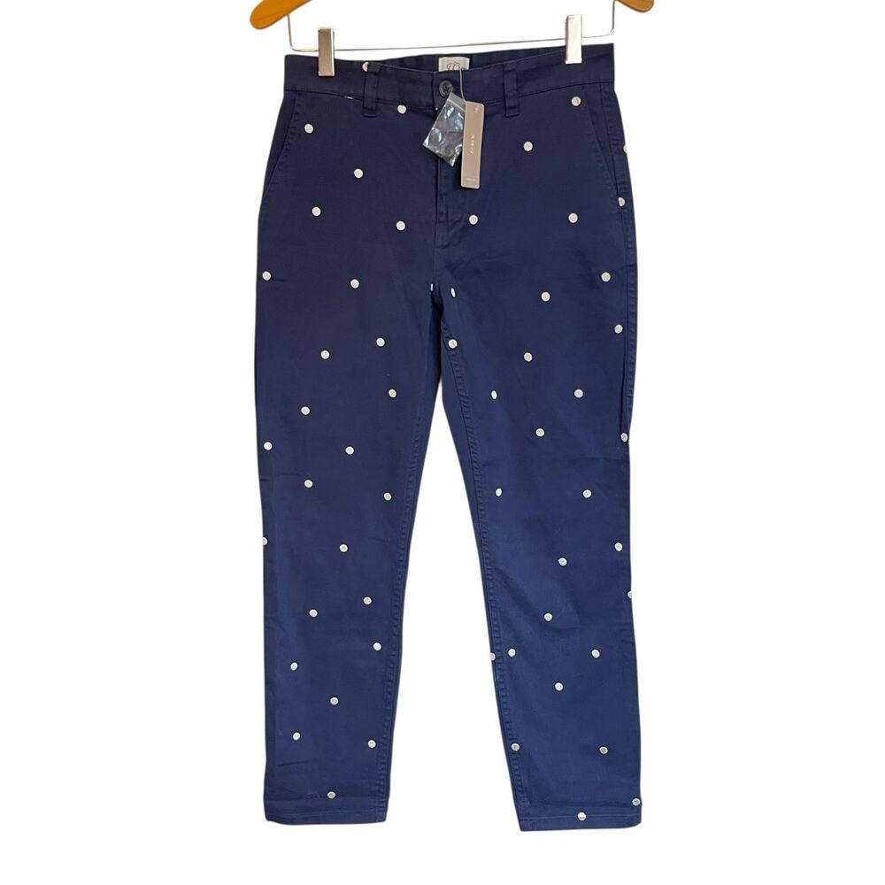 NWT J. Crew Vintage Straight Pant Polka-Dot Stretch Chino Navy Blue Office 26